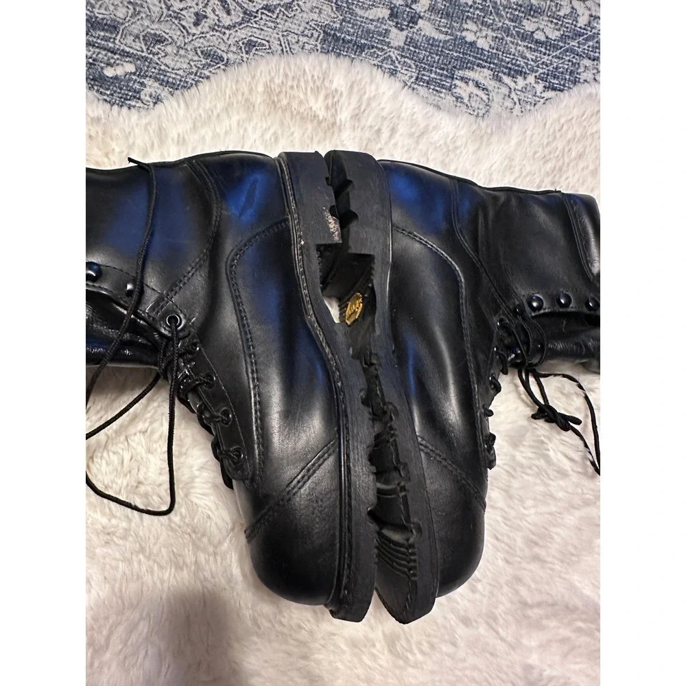 VIBRAM Black Leather Logger Work Boots Lace Up Round Toe Tall Motorcycle